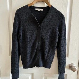 LOFT. Sparkly black animal print button down cardigan